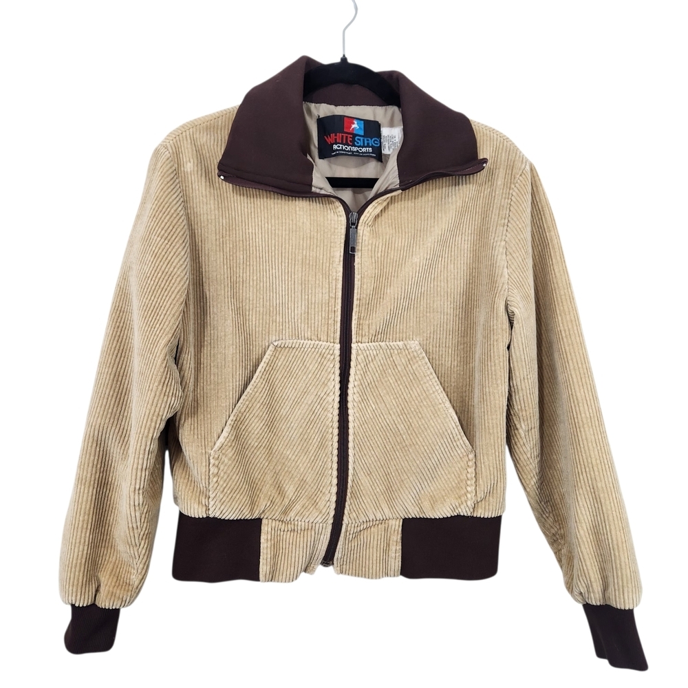 Vintage White Stag Beige Corduroy Bomber Jacket with Brown Trim